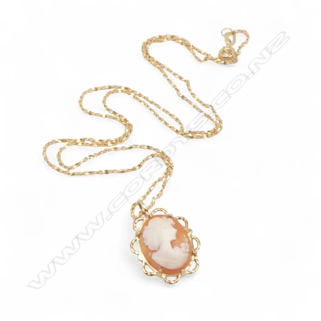 9ct CAMEO PENDANT on chain, 3.8gm chain needs repair Image 1++
