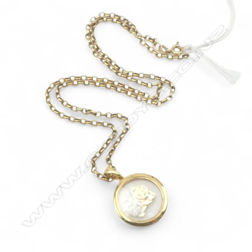 18ct DIAMOND SPINNING MONKEY PENDANT on 9ct CHAIN, 9.1gm Image 1++