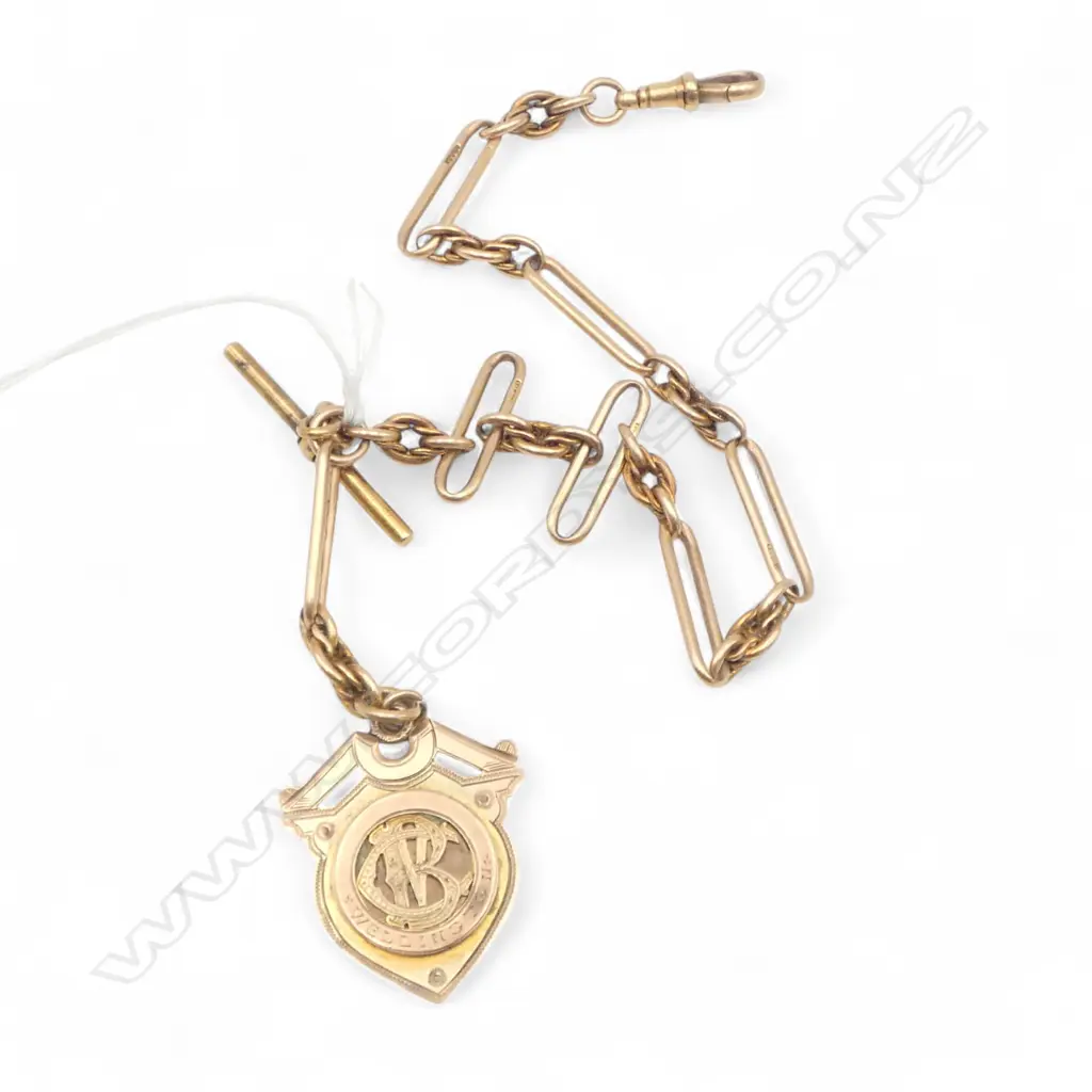 VICTORIAN 15ct GOLD ALBERT CHAIN Prince of Wales & rail link + 9ct fob medallion tennis prize. 43.8gms Image 1++