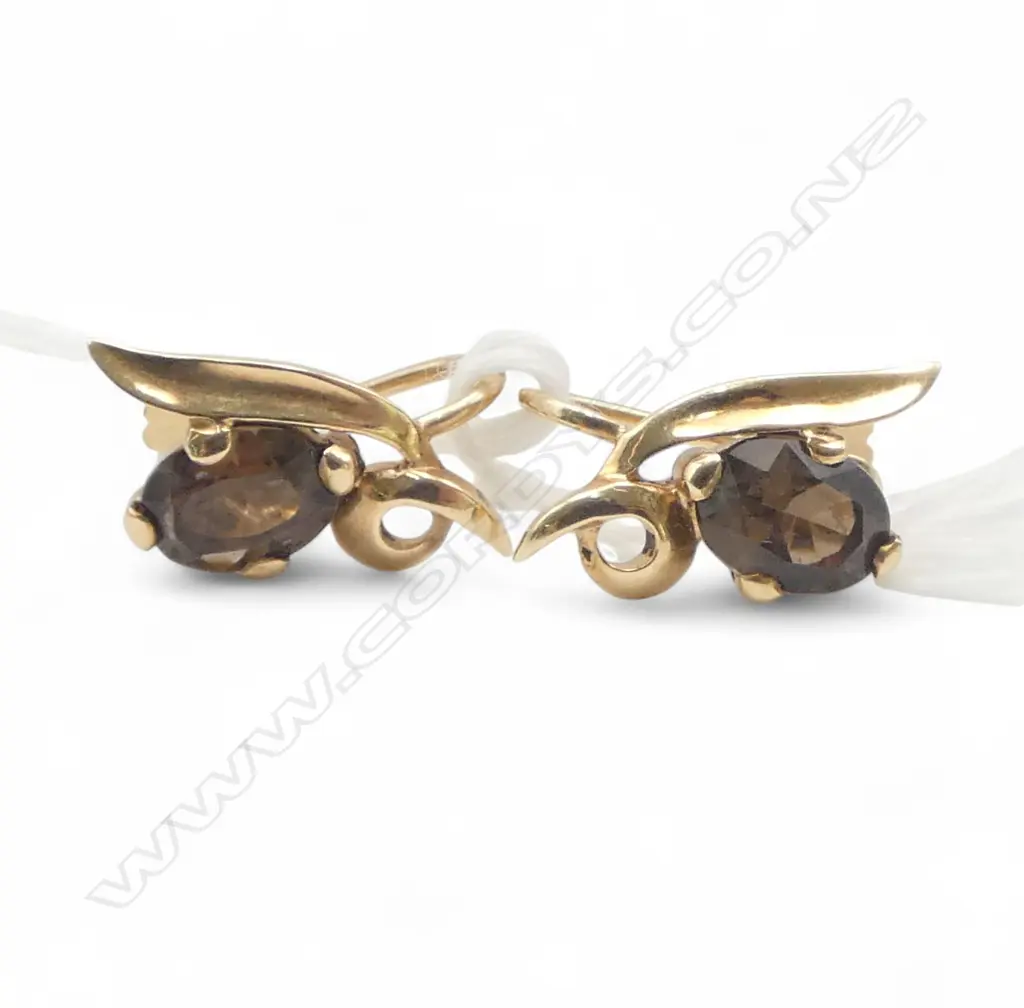 PR 9ct GOLD & smokey quartz VINTAGE EARRINGS 2.8gms Image 1++