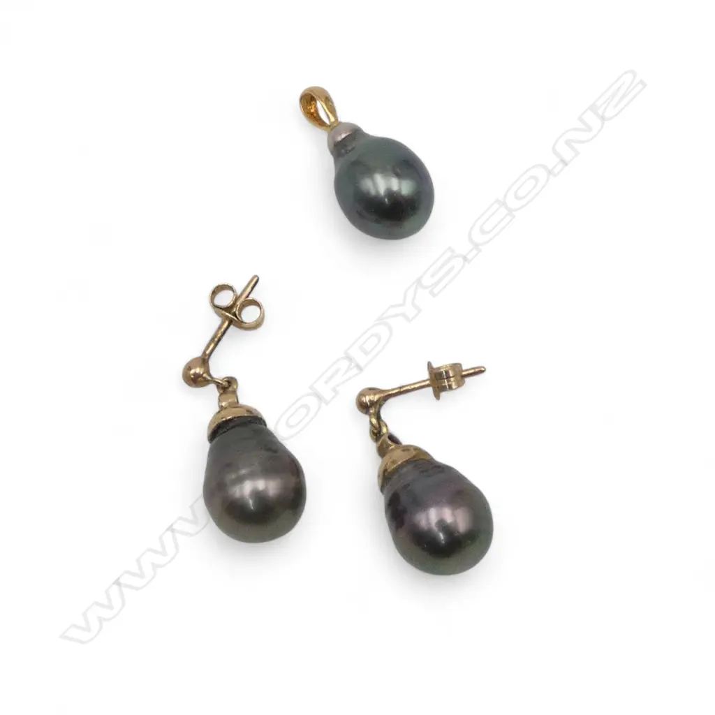 9ct TAHITIAN PEARL EARRINGS & PENDANT, 6.27gm Image 1++