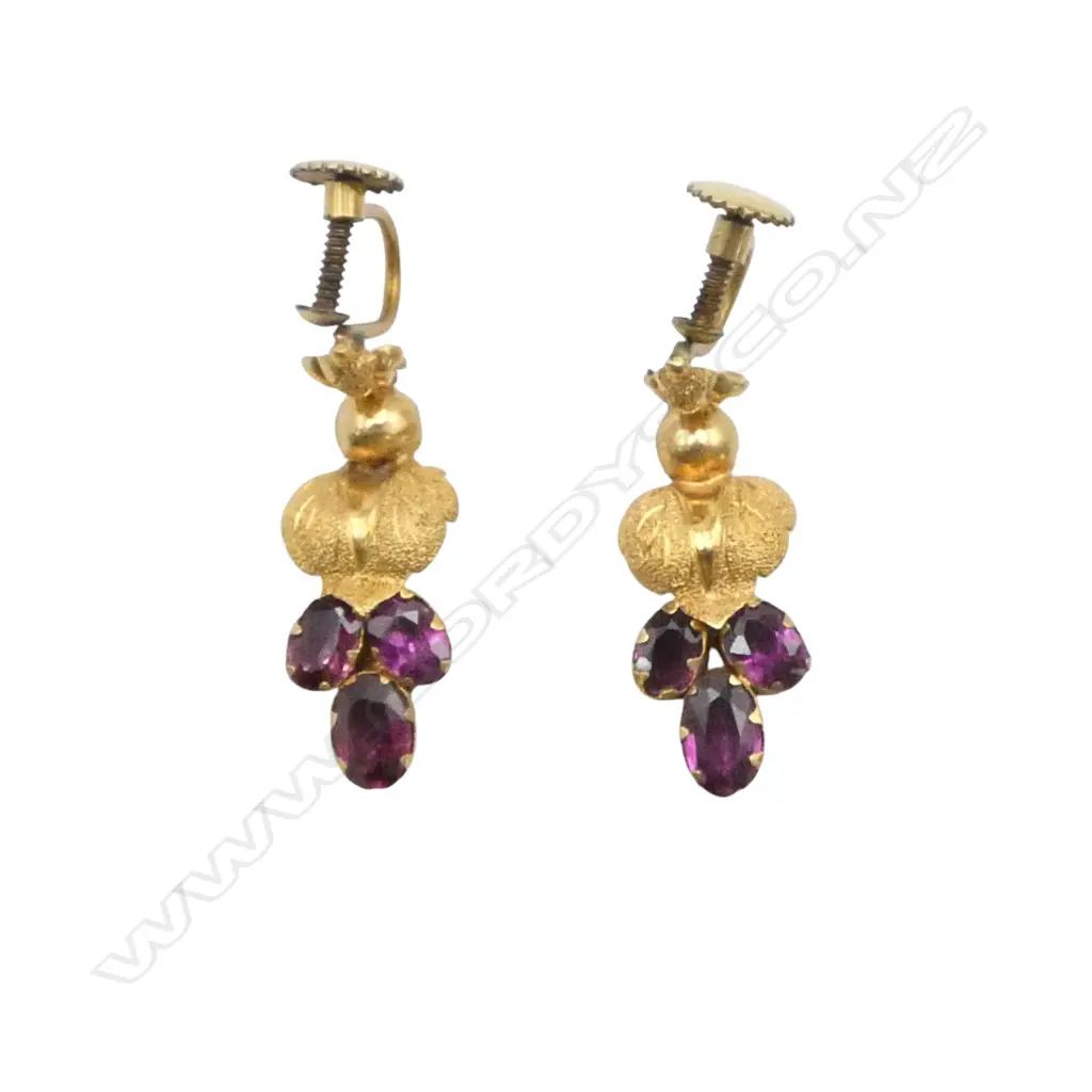 Pair rolled gold and almandine garnet earrings Image 1++