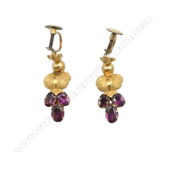 Pair rolled gold and almandine garnet earrings