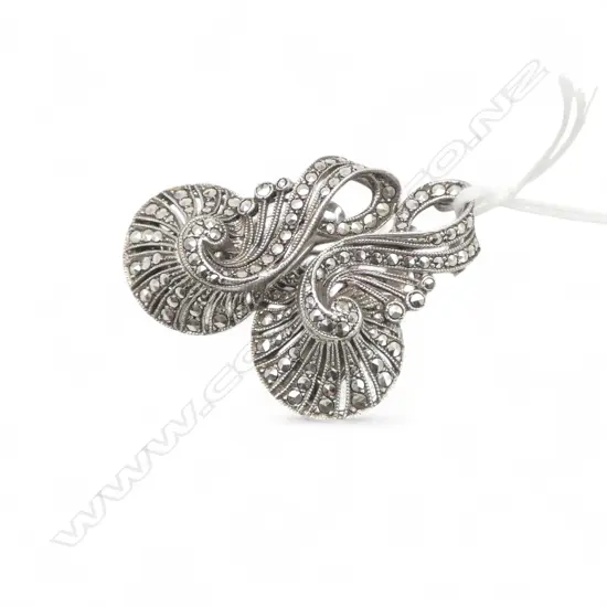 Art Deco stg silver marcasite dress clip double scroll form BROOCH