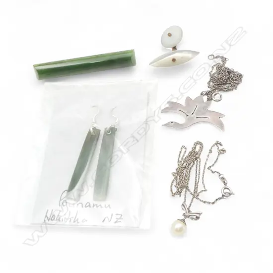 POUNAMU BROOCH & EARRINGS, SILVER NECKLACES, MOP CUFFLINK
