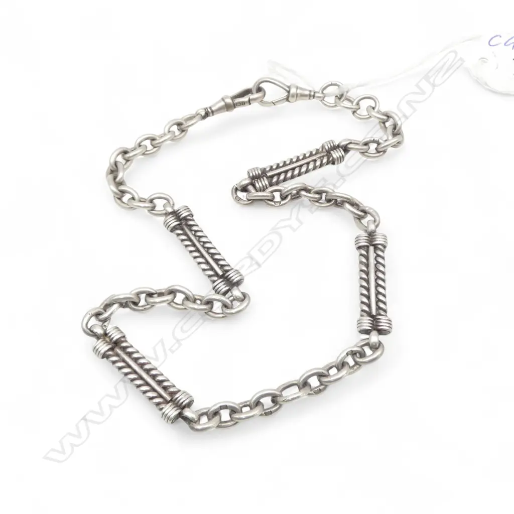c.1900 SILVER ALBERT CHAIN various decorative links & 2 clips L.360mm Image 1++