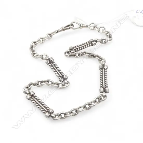 c.1900 SILVER ALBERT CHAIN various decorative links & 2 clips L.360mm
