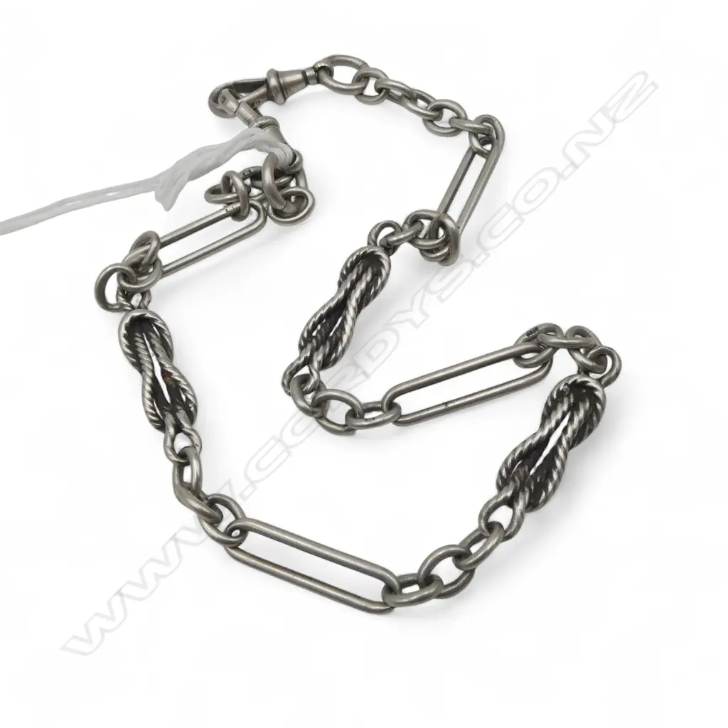 c.1900 SILVER ALBERT CHAIN various decorative links & 2 clips L.360mm Image 1++