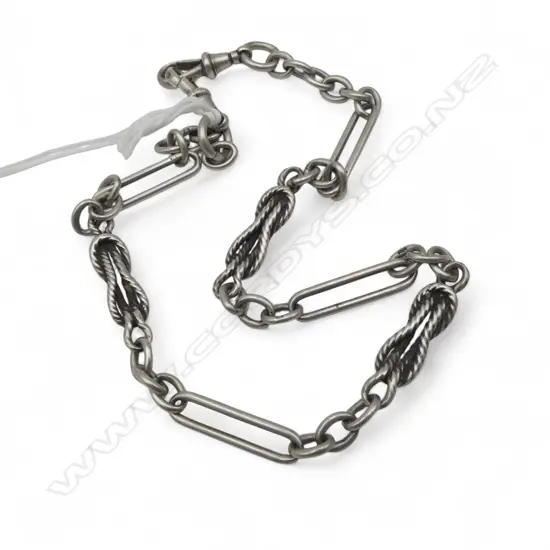 c.1900 SILVER ALBERT CHAIN various decorative links & 2 clips L.360mm