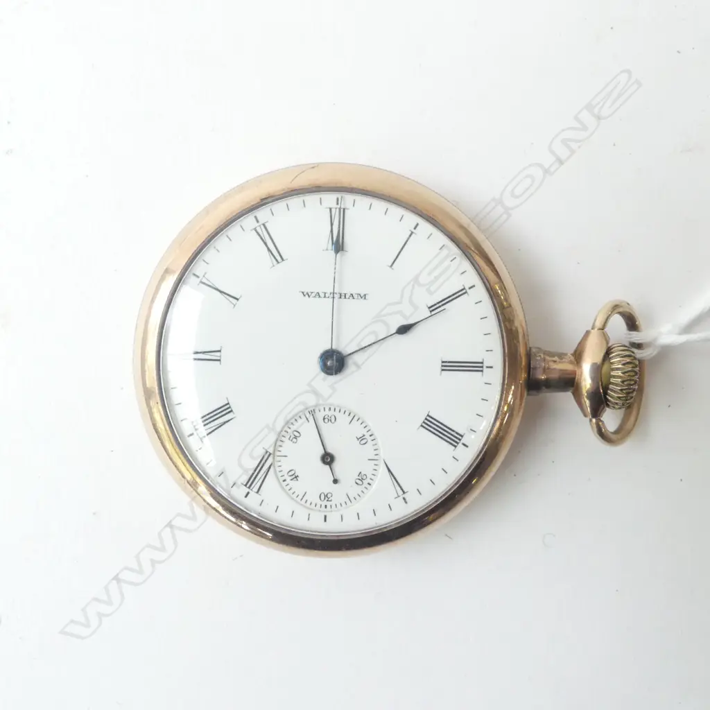 	EARLY 20thC WALTHAM OPEN FACE POCKET WATCH apparently not Working. Gold plate case Image 1++