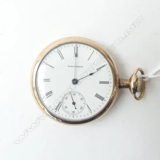 	EARLY 20thC WALTHAM OPEN FACE POCKET WATCH apparently not Working. Gold plate case