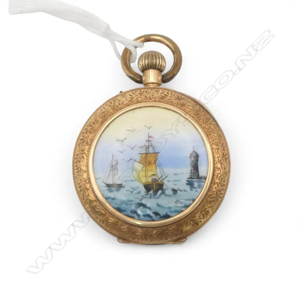 c.1900 SWISS 14CT GOLD & marine picture enamelled LADIES FOB WATCH open face 21.5gms  Image 1++