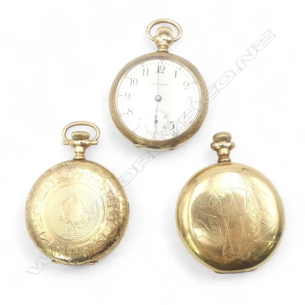 3 EARLY 20thC WALTHAM OPEN FACE POCKET WATCHES apparently not working. gold plated cases. 1 faulted Image 1++