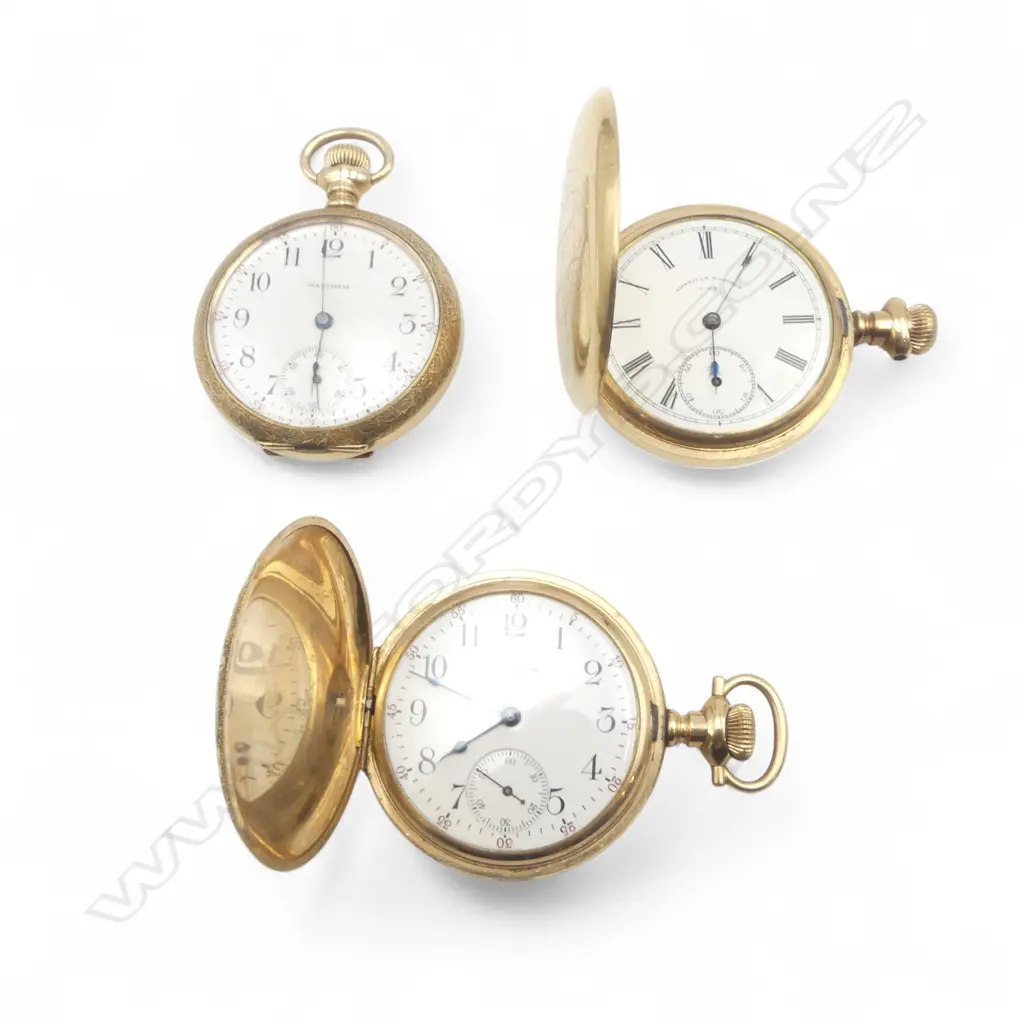3 EARLY 20thC WALTHAM OPEN FACE POCKET WATCHES apparently not working. gold plated cases. 1 faulted Image 1++