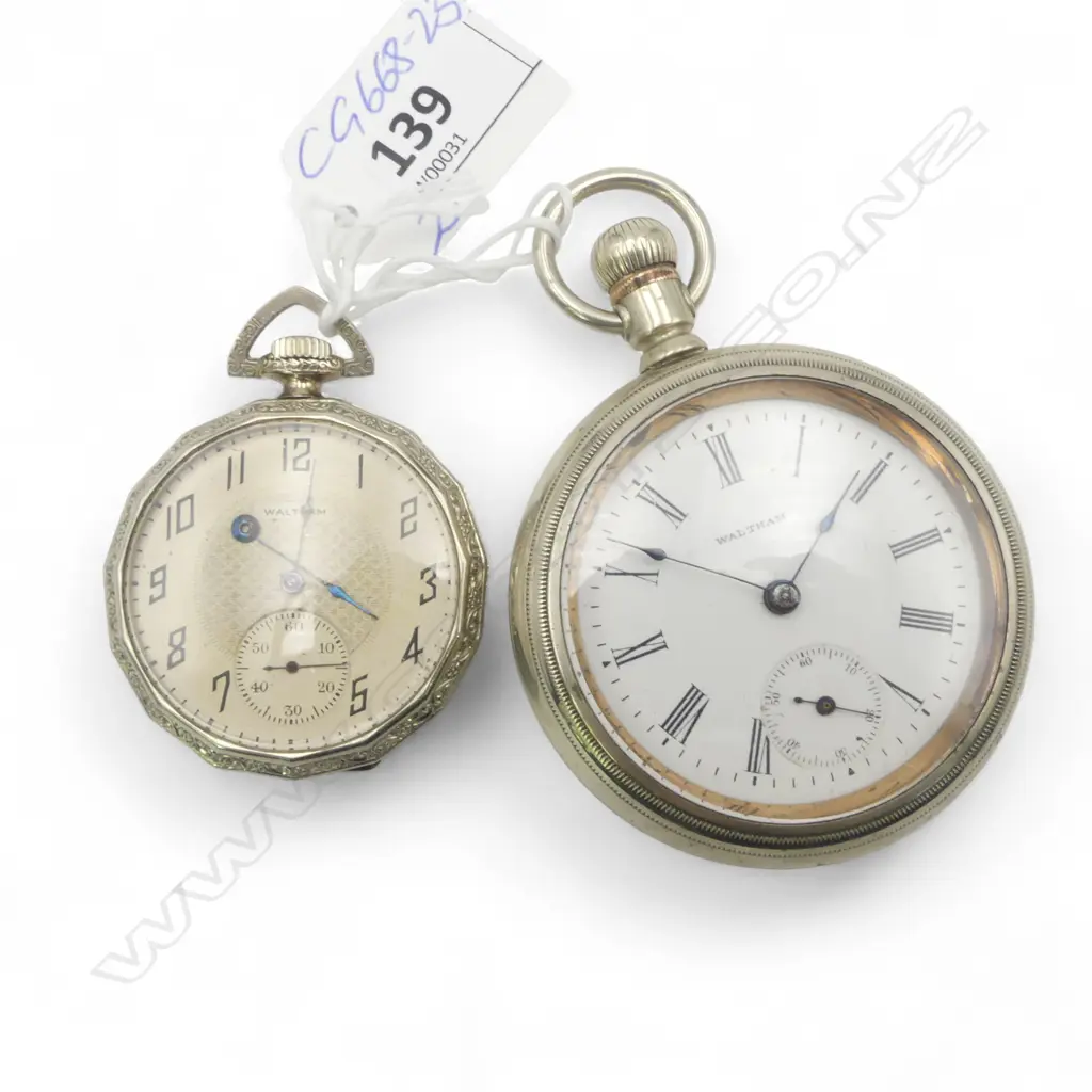 2 EARLY 20thC WALTHAM OPEN FACE POCKET WATCHES apparently not working. White metal case Image 1++