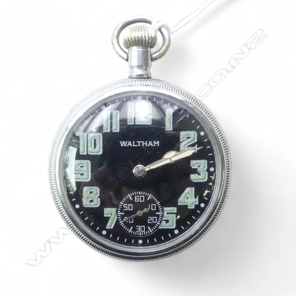 	EARLY 20thC WALTHAM OPEN FACE POCKET WATCH black dial. Military ? apparently Working. White metal case Image 1++