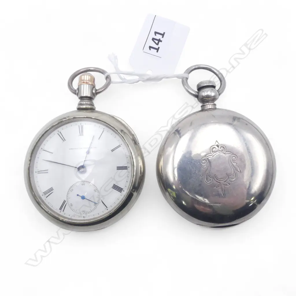 2 EARLY 20thC AMERICAN WATCH CO.OPEN FACE POCKET WATCHES apparently not working. White metal case. 1 W KEY TO TOP WINDER Image 1++