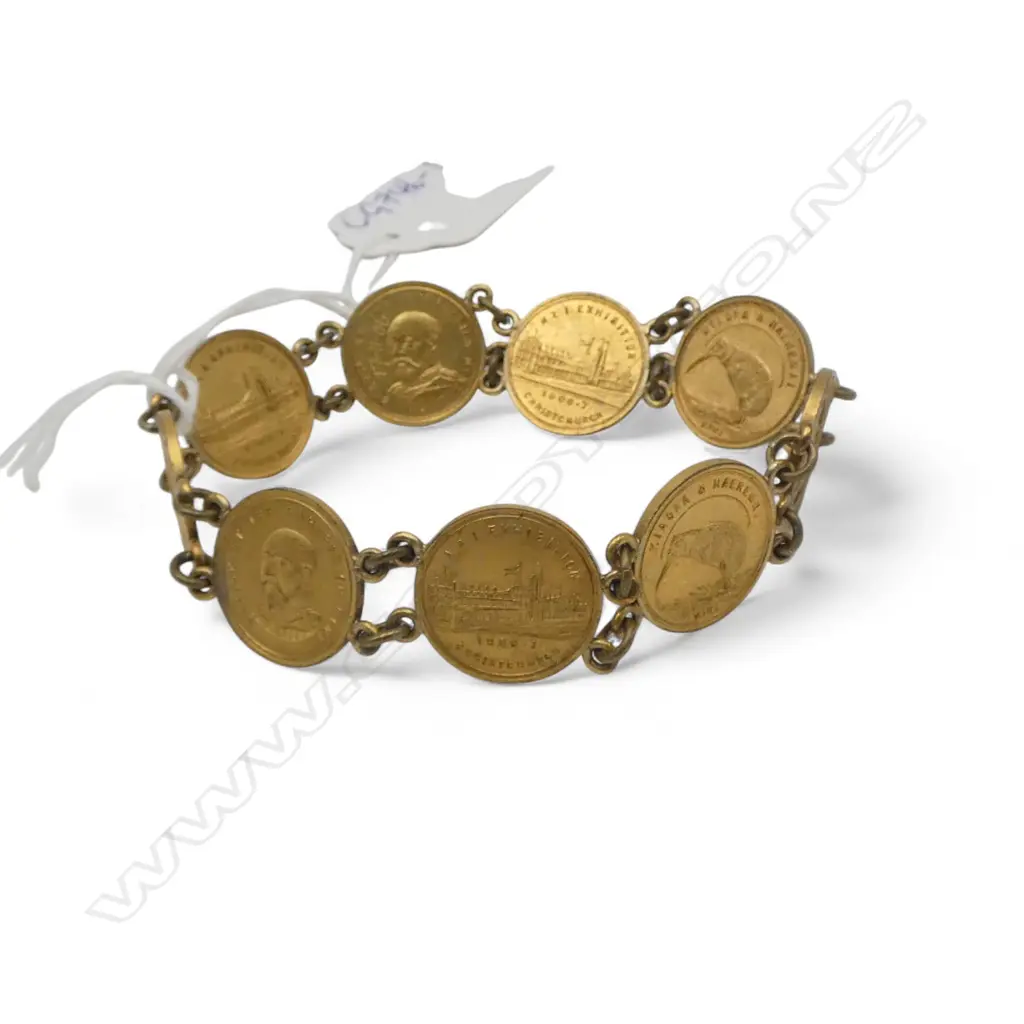 NZ INTERNATIONAL CHCH EXHIBITION 1906-07 9 multi MEDALLION BRACELET Image 1++