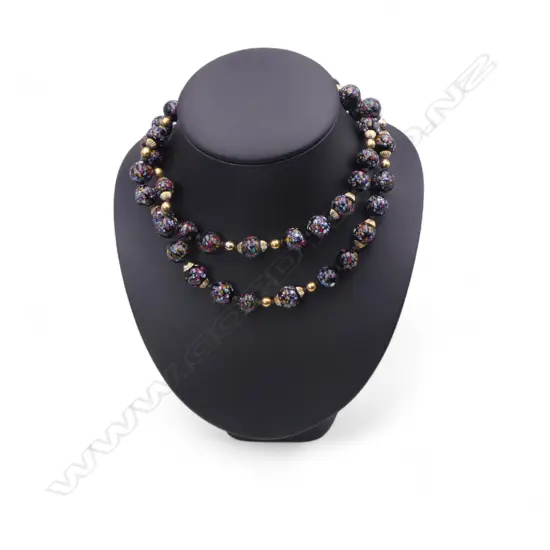 VENETIAN MILLIFIORI MURANO NECKLACE, HANDKNOTTED w GOLD PLATED SPACER BEADS, L.800mm