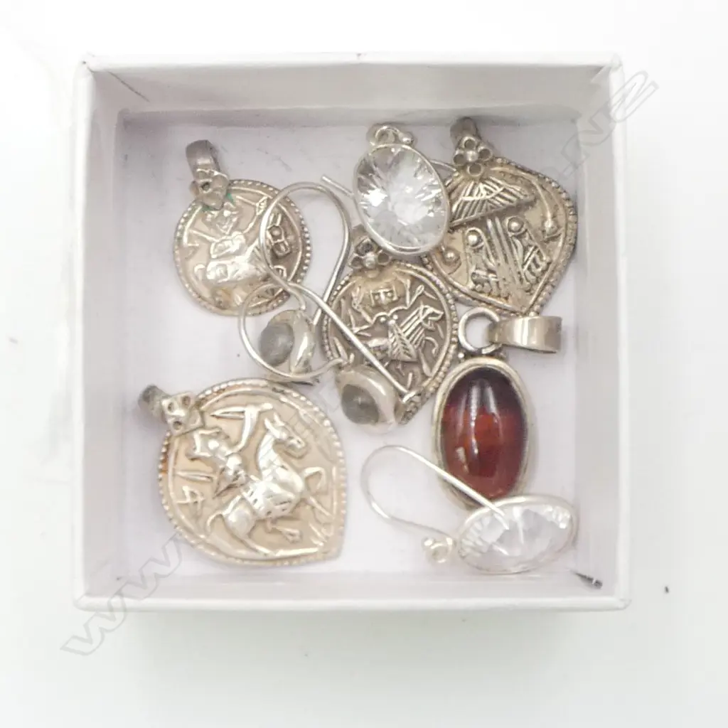 ASST. SILVER PCS; 4 INDIAN AMULETS, 2 PRS SILVER EARRINGS & TIGER EYE PENDANT Image 1++
