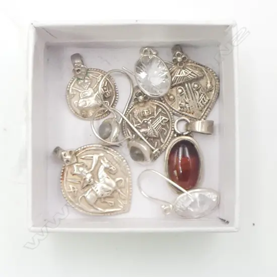 ASST. SILVER PCS; 4 INDIAN AMULETS, 2 PRS SILVER EARRINGS & TIGER EYE PENDANT