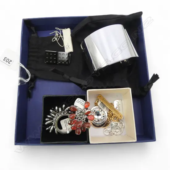 CALVIN KLEIN BANGLE, CUFFLINKS, TWO SWATCH RINGS & ASST. NIKKI LISSONI; BRACELET, CHARMS & COINS, all new old stock