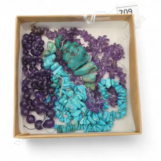3 STRINGS BEADS; TURQUOISE CHIP, AMETHYST CHIP & ROUND AMETHYST, all need clasps, L.460, 380, 420mm
