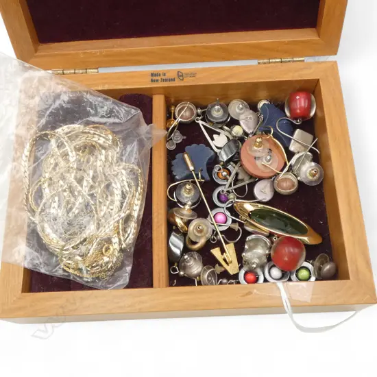 WOODEN JEWELLERY BOX w ASST. EARRINGS; some SILVER, & PLATED CHAINS