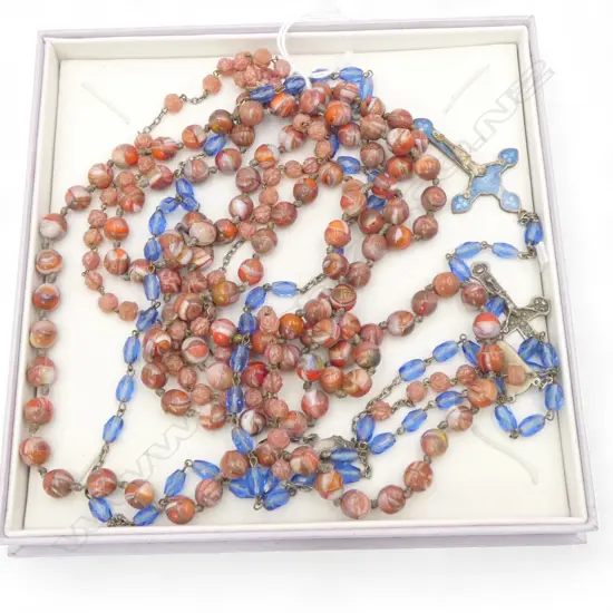 3 VINTAGE NECKLACES: 2 rosary type (1 w enamelled crucifix) + long strand glass beads 