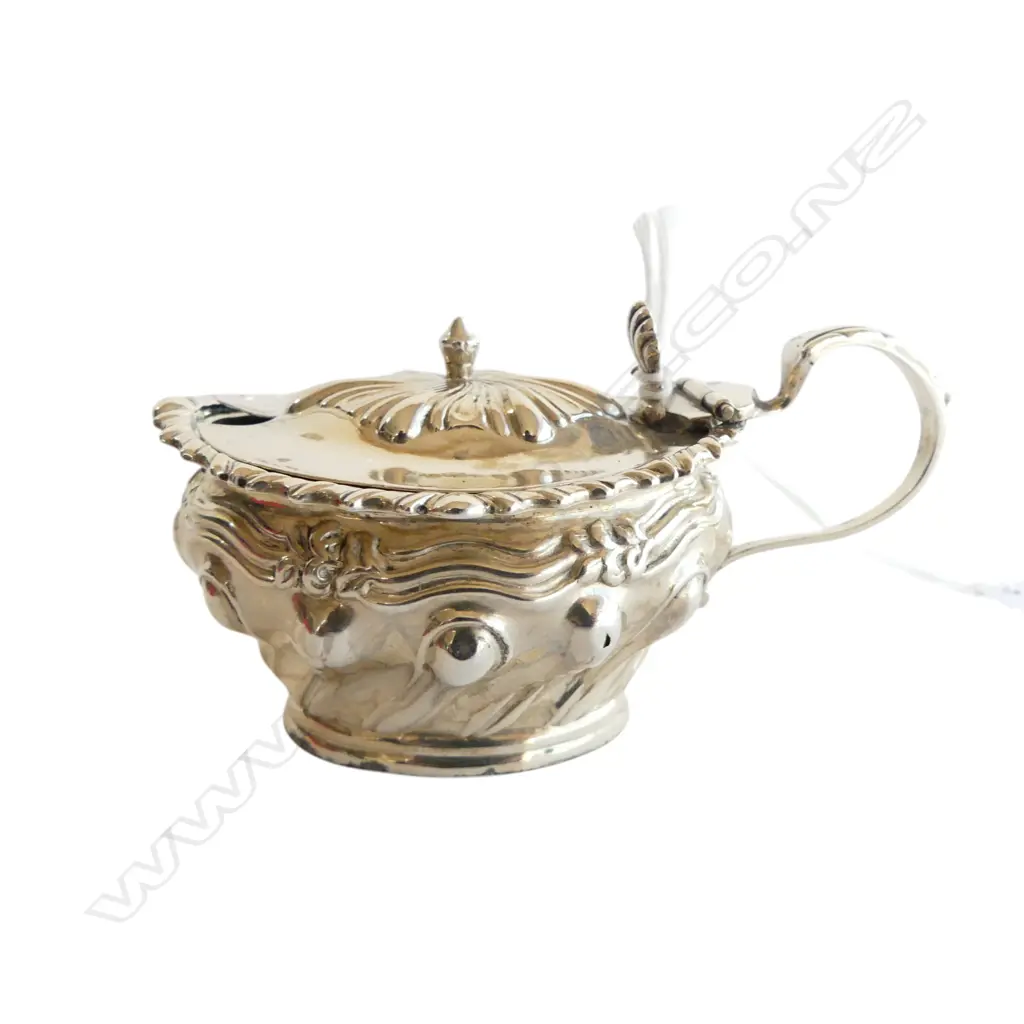 SILVER MUSTARD POT LIDDED London 1898 60gms. With Bristol blue glass liner Image 1++