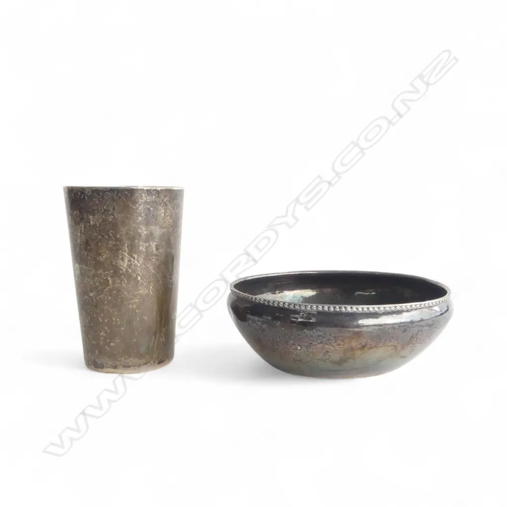 2 STG SILVER ITEMS: beaker London 1895 + bowl Birmingham 1913. 183gms BOWL FAULTED Image 1++