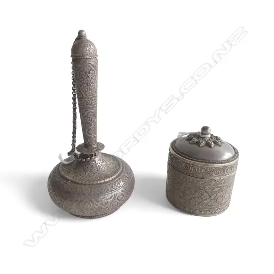 EASTERN SILVER PERFUME BOTTLE H150MM & LIDDED JAR  H75 GMS 243