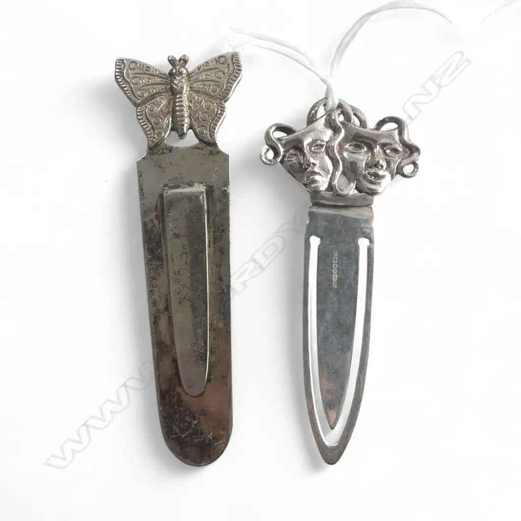 2 stg silver bookmarks: theatre masks + butterfly Image 1++