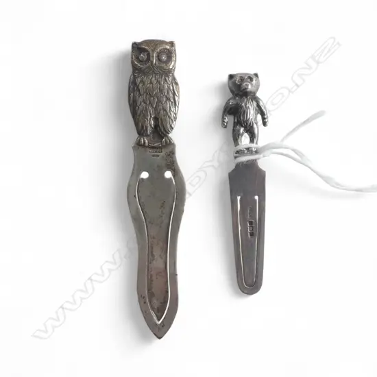 2 stg silver bookmarks: teddy bear and owl handles