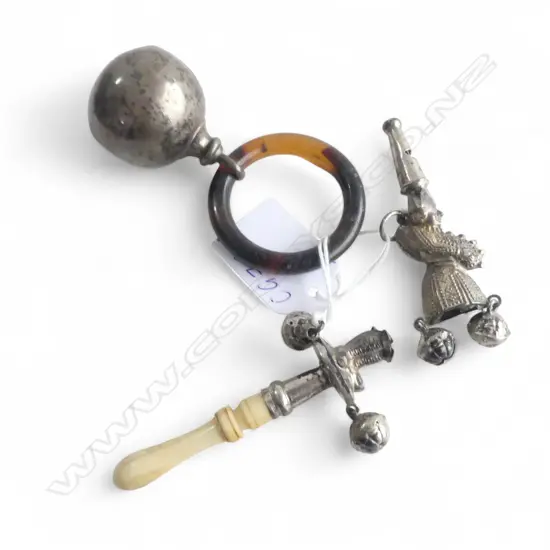 2 ANTIQUE SILVER BABIES RATTLES: 1 Napoleon as a court jester (broken) w ivory + 1 lge ball type