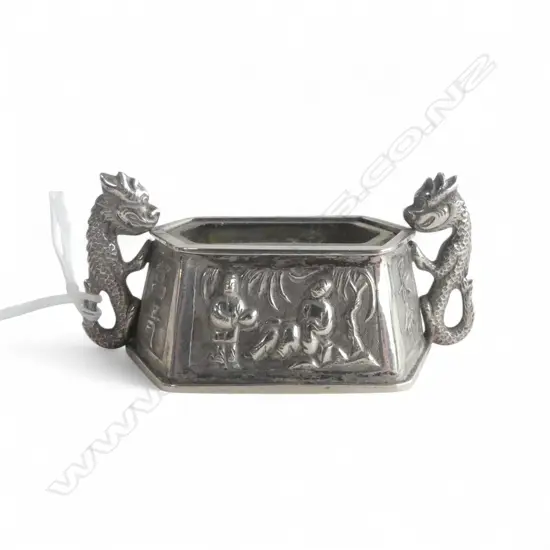 CHINESE S/SILVER 2 HANDLED GLASS LINED SPICE POT L60MM GMS32