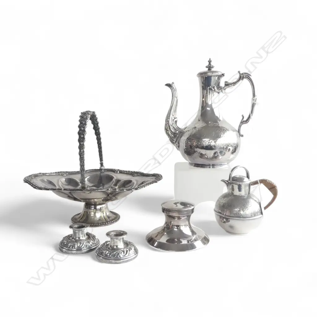 BX SILVERPLATE, SWING BASKET,INKWELL,COFFEE POT , CANDLESTICKS & JUG  Image 1++