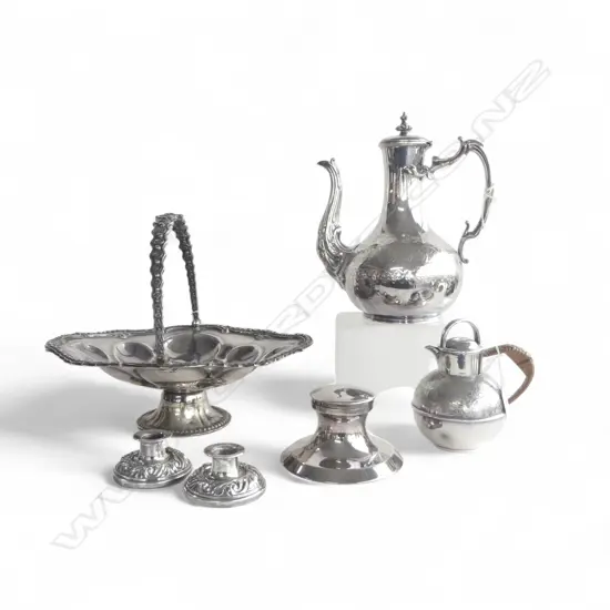 BX SILVERPLATE, SWING BASKET,INKWELL,COFFEE POT , CANDLESTICKS & JUG 