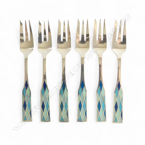 GEORG JENSEN SILVER & ENAMEL 'HARLEQUIN' SET 6 DESSERT FORKS