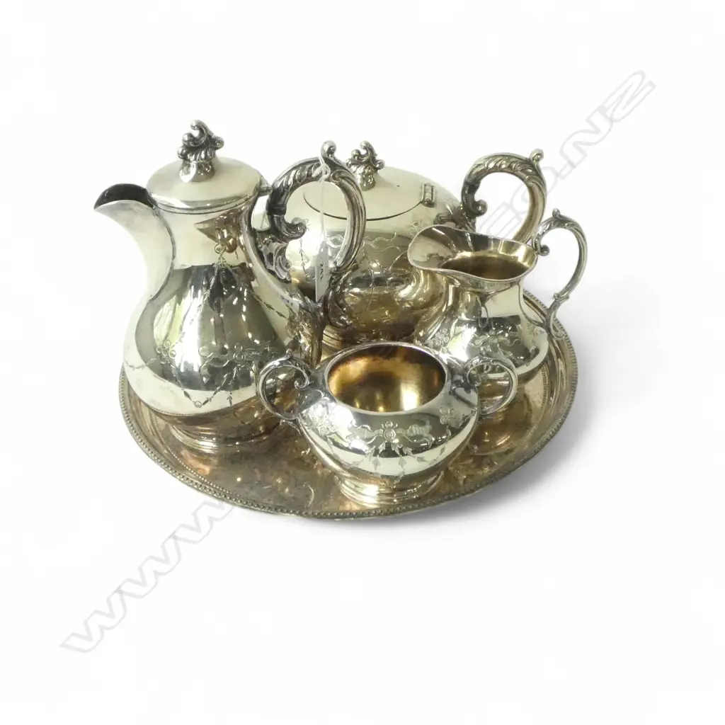 SILVER PLATE TEA SERVICE WITH CIRCULAR TRA Image 1++