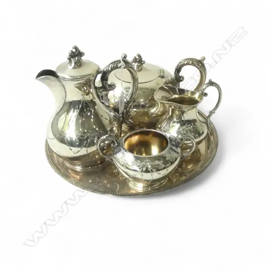 SILVER PLATE TEA SERVICE WITH CIRCULAR TRA