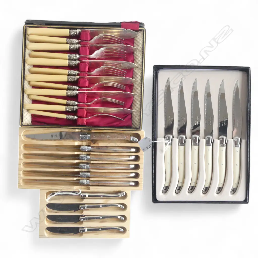 2 BOXED SETS LA GUIOLE  (Sabatier) FRENCH KNIVES: 6 STEAK + 4 BUTTER + EPNS 6 PLACE BOXED FISH SET box a.f Image 1++