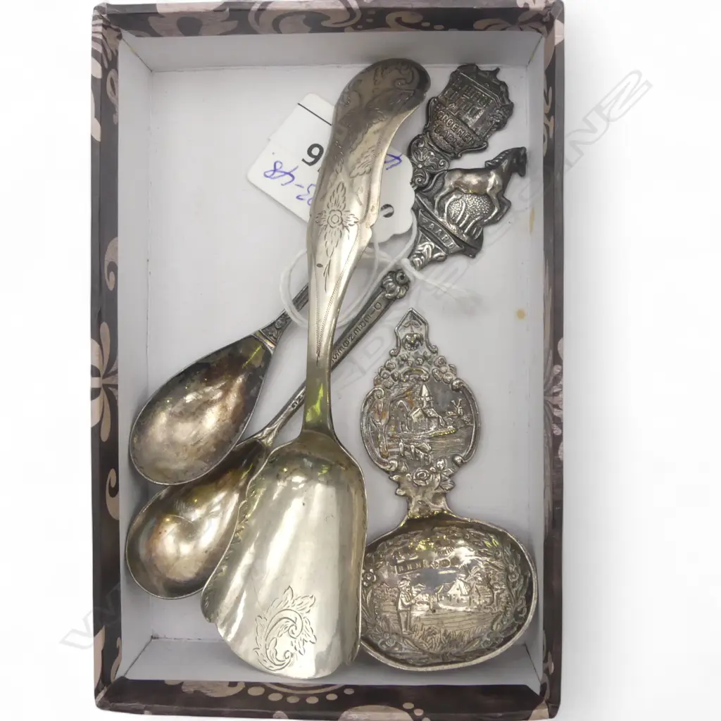 c1900 EURO SILVER CADDY SPOON + SUGAR SHOVEL SPOON. 30gms + 2 OTHER souvenir spoons (1 silver)  Image 1++