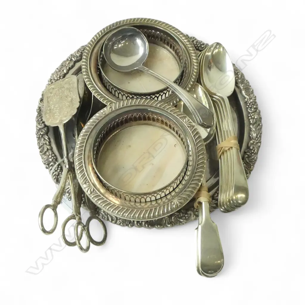 TRAY SILVER PLATE; BOTTLE COASTERS, SERVING TONGS, SAUCE LADLES & 11 VICTORIAN FIDDLE BACK SERVING SPOONS Image 1++