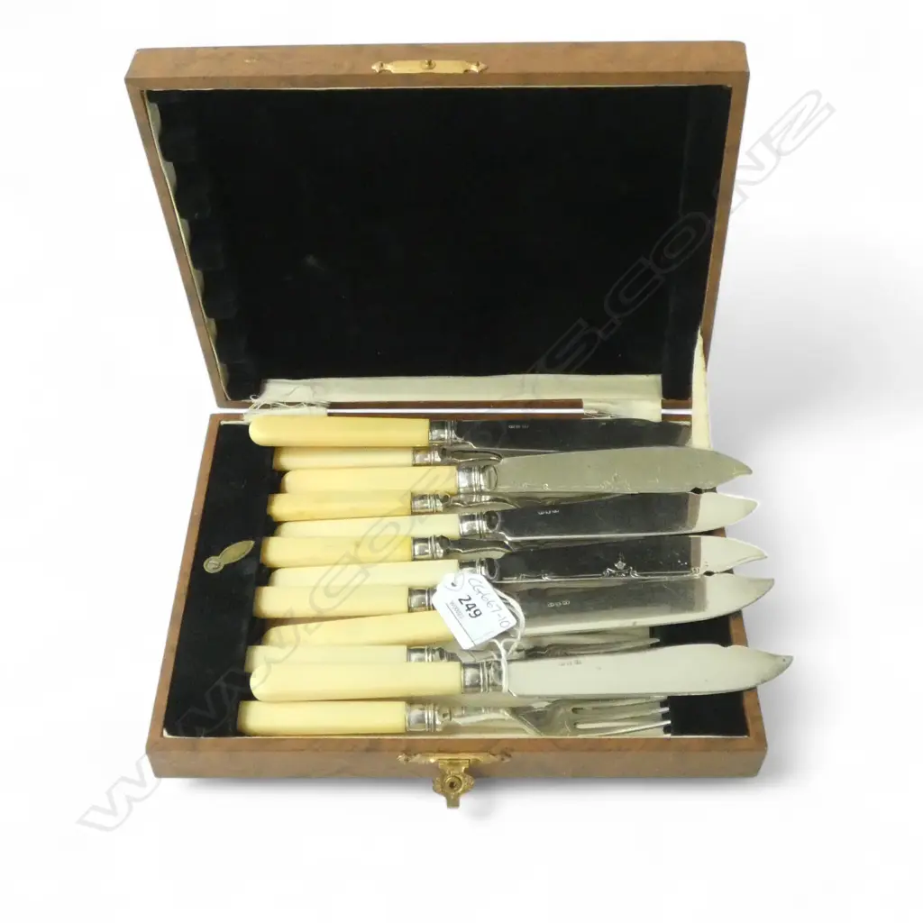 SET OF 6 SILVER PLATE FISH KNIVES & FORKS IN BOX (AF) Image 1++