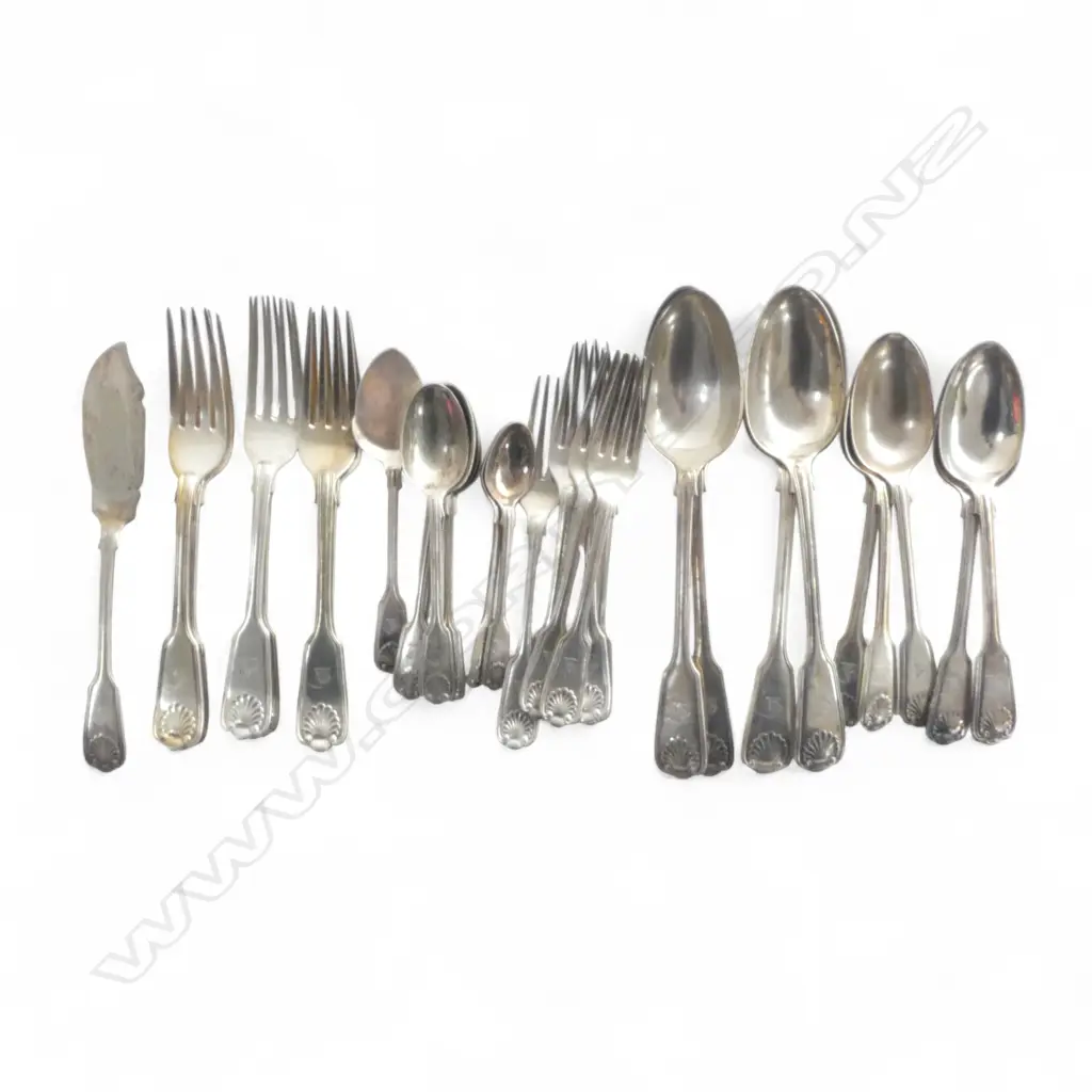 PART SET VICTORIAN SILVER fiddle thread & shell SILVER PLATE CUTLERY SET crested with gauntleted raised hand w sabre Image 1++