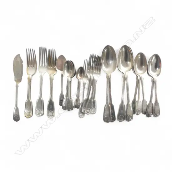 PART SET VICTORIAN fiddle thread & shell SILVER PLATE CUTLERY SET crested with gauntleted raised hand w sabre