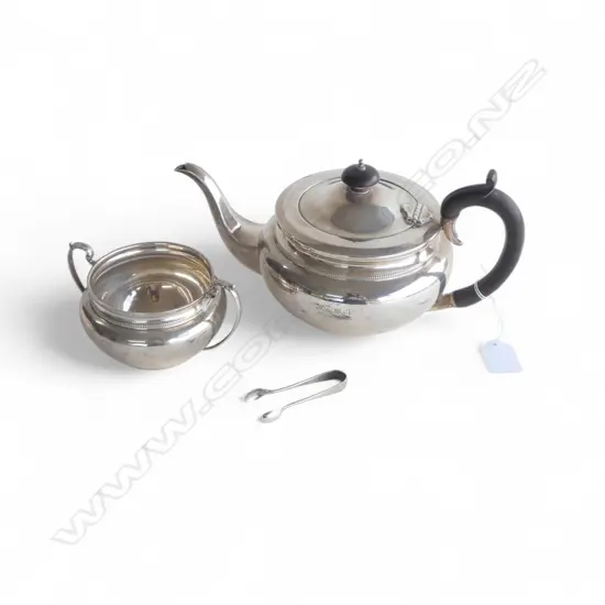 STG SILVER TEAPOT, SUGAR & TONGS; William Adams Ltd, BIRMINGHAM 1931, 560gms TOTAL