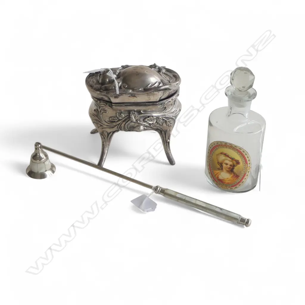 3 PCS; ART NOUVEAU TRINKET BOX, GLASS PERFUME BOTTLE & CANDLE SNUFFER Image 1++