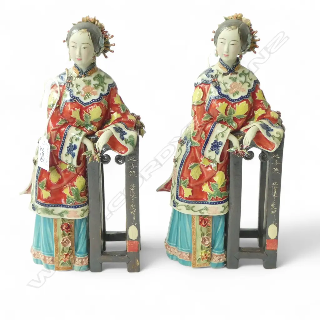 A PAIR OF CHINESE SHIWAN FIGURINES DEPICTING QING DYNASTY WOMEN (ONE WITH SMALL LOSS ON TOP OF FINGER) 290mm (H) in box Image 1++